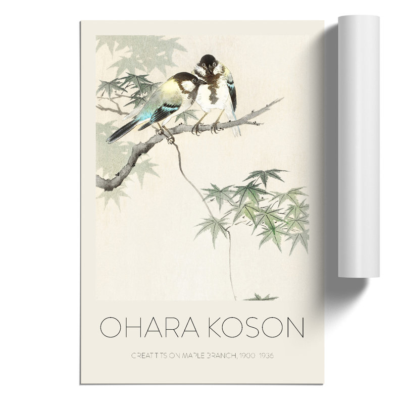 Great Tits In A Maple Tree by Ohara Koson - No Frame Painting, 59cm H x 42cm W x 0.1cm D