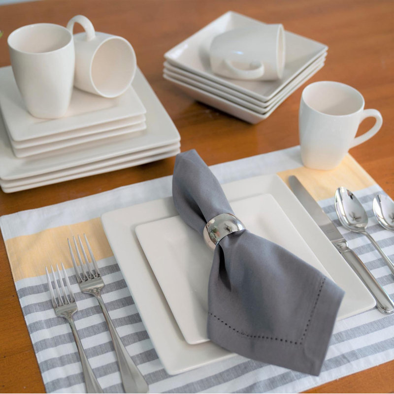 Cream White Square Porcelain 16-Piece Dinnerware Set
