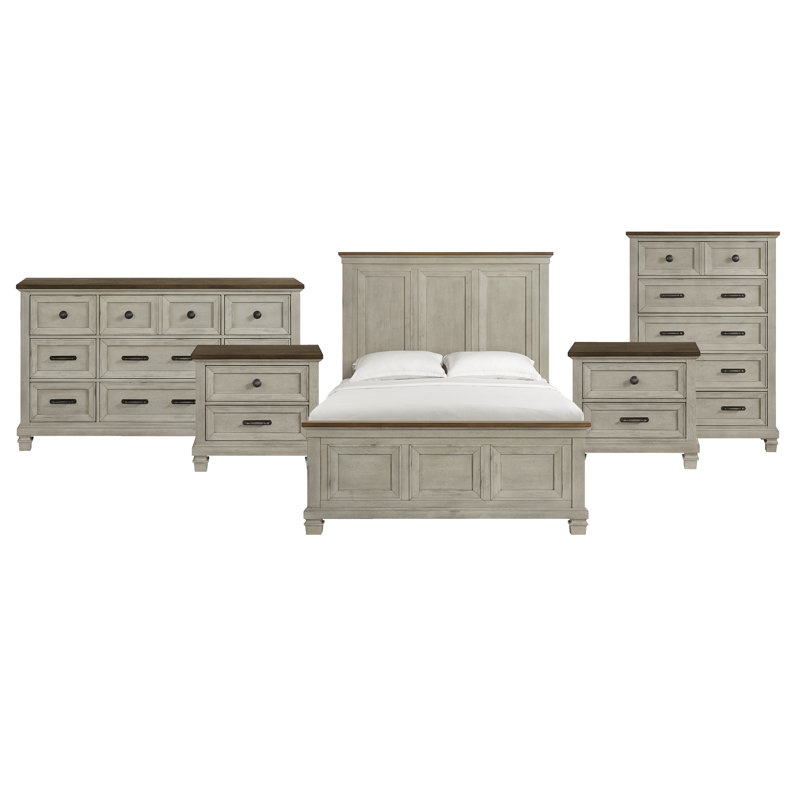 Berryhill Queen 5PC Bedroom Set In Medium Brown And Washed Stone, 5 Pcs: Bed, Dresser, Chest, 2 Nightstands, Queen