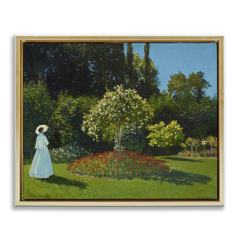 Art mural classique sur toile flottante, "Monet Lady in Garden" par one1000paintings, Cadre flottant métallique doré