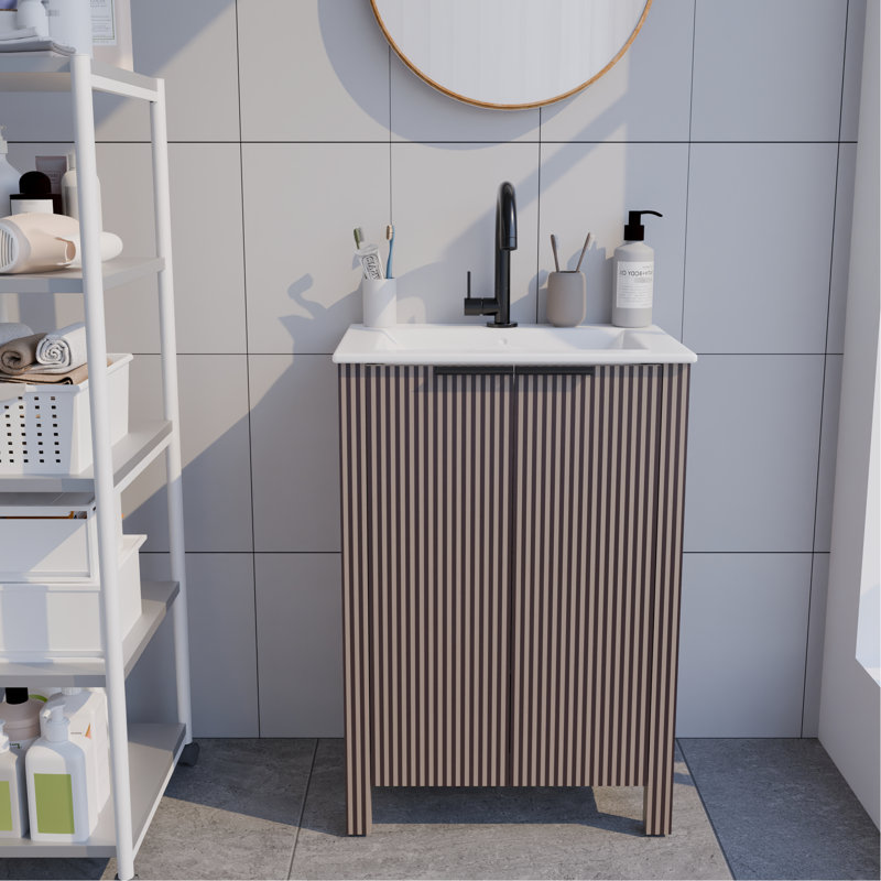 Meuble-lavabo sur pied brun de 30 pouces avec lavabo en céramique blanche, lavabo simple en résine, base en contreplaqué, instructions d'installation complètes