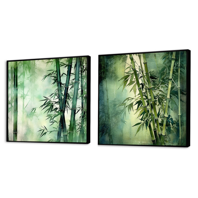 Bamboo Forest Intesed Field - Ensemble de 2 collages carrés en bambou, Cadre flottant noir, H 30 po x l 61 po