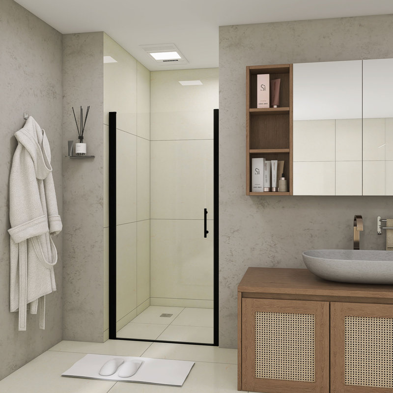 34" W × 72" H Pivot Shower Door – 1/4"(6mm) Tempered Glass With Explosion-Proof Film, Stainless Steel Handle, Matte Black Aluminum Half Frame, Modern Minimalist Design