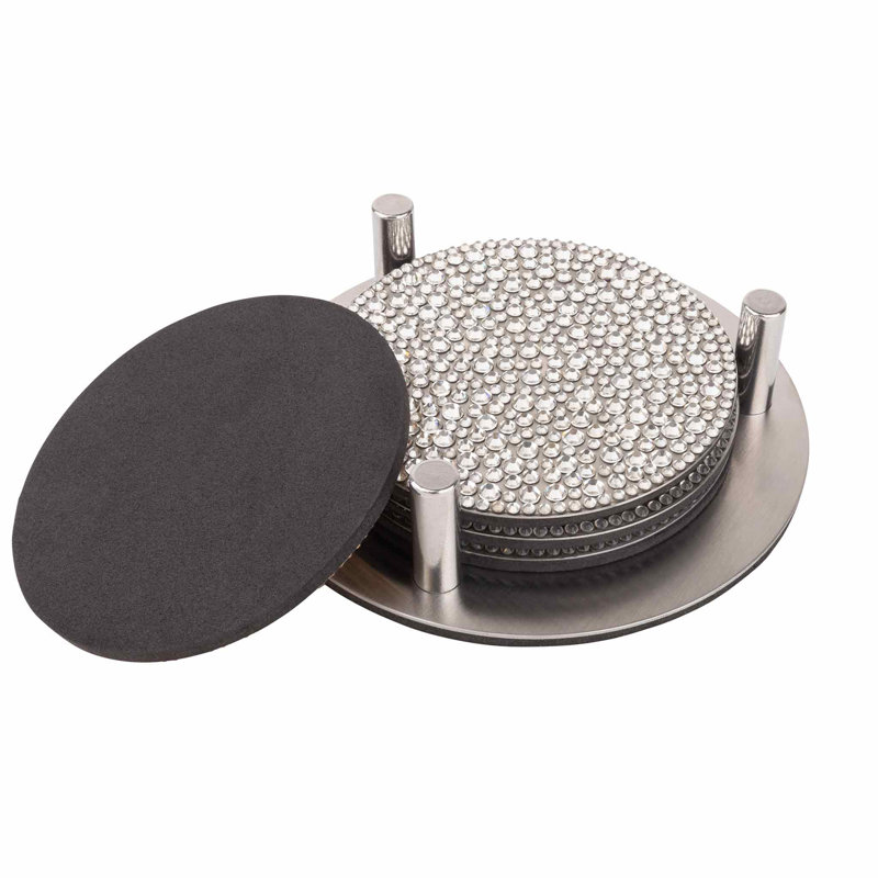Silver Rhinestone Stainless Steel Coaster Set with Holder, 5"