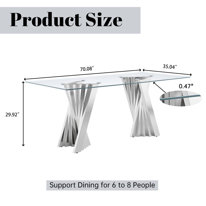 6 - Person Glass Top Double Pedestal Dining Set, Blue/Silver, Silver