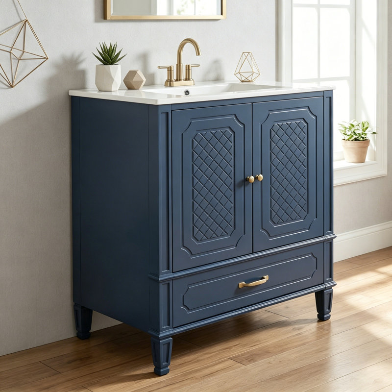 Meuble-lavabo de salle de bain avec lavabo, tiroir et 2 portes à fermeture en douceur, Blue