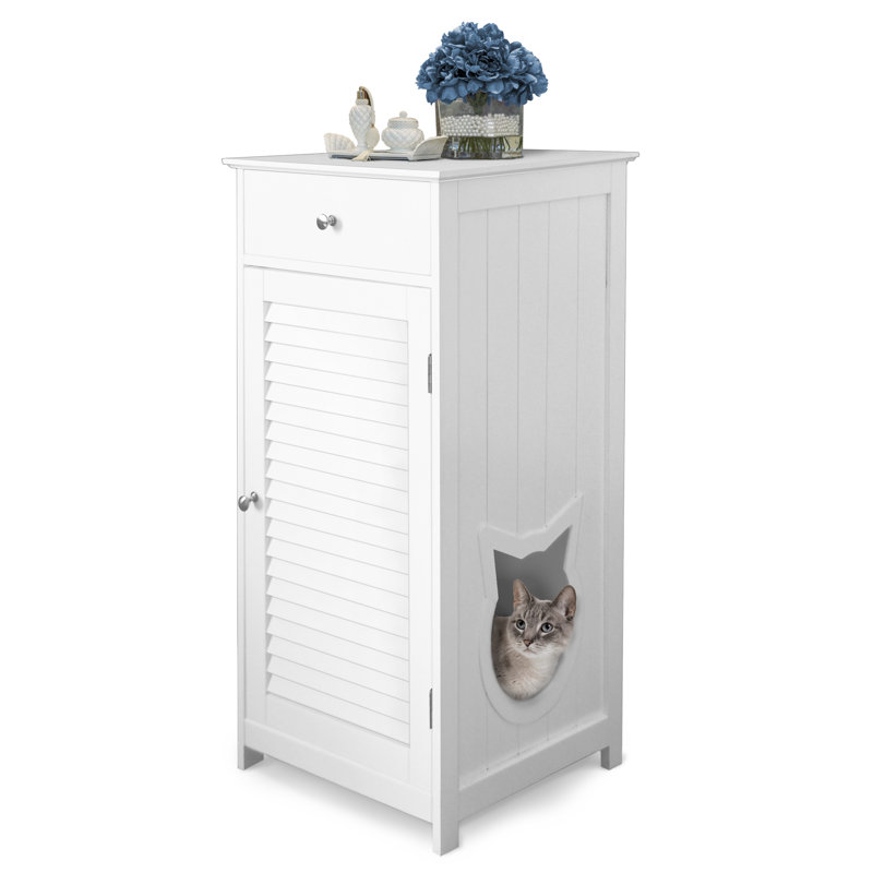 White Shutter Style Cat Litter Enclosure Cabinet with Storage