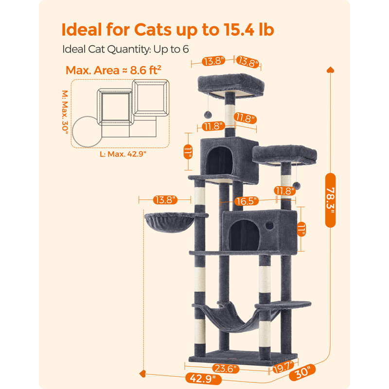 Timmins 78.3" Multi-Level Cat Tree with Cat Scratching Posts, Warm Cat Condo For Indoors, Smoky Gray