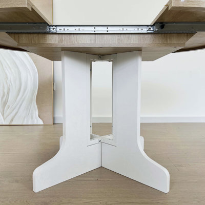 Dining Table for Farmhouse Kitchen 59x43 Inch Expandable Oval Table Top with Removable Leaf Trestle X Shaped Base White