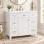 Meuble-lavabo blanc de 93 cm (36,64 pouces) avec lavabo en céramique, structure en bois massif, portes à fermeture amortie, étagères réglables et 3 tiroirs.