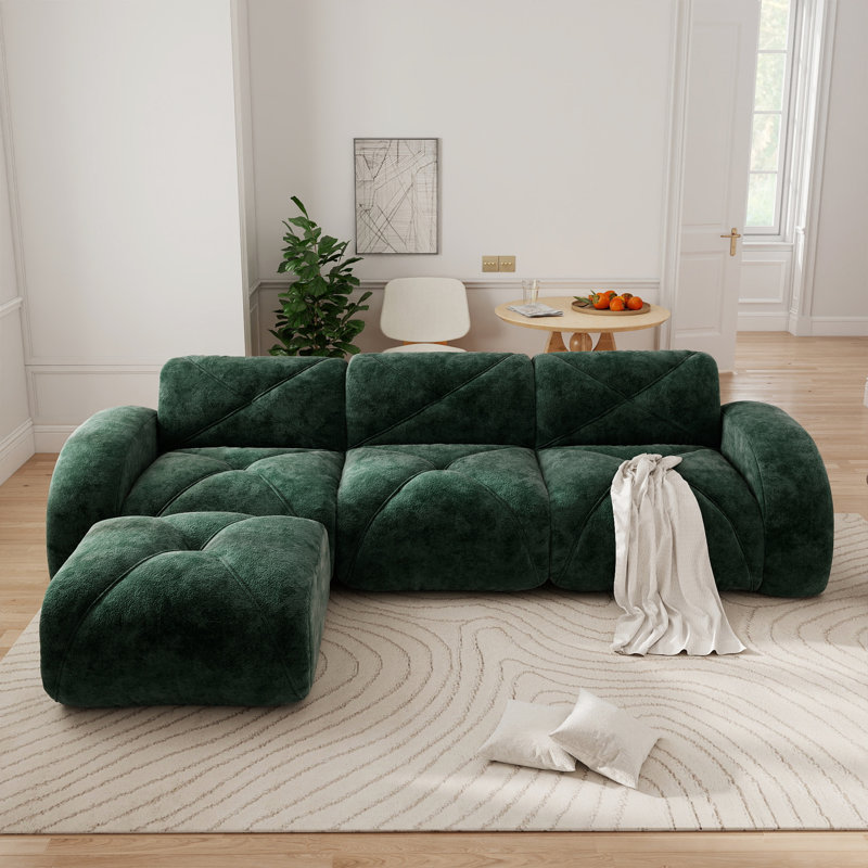 110.8" Upholstered L-Shaped Boneless Sectional With Ottoman, Green Velvet