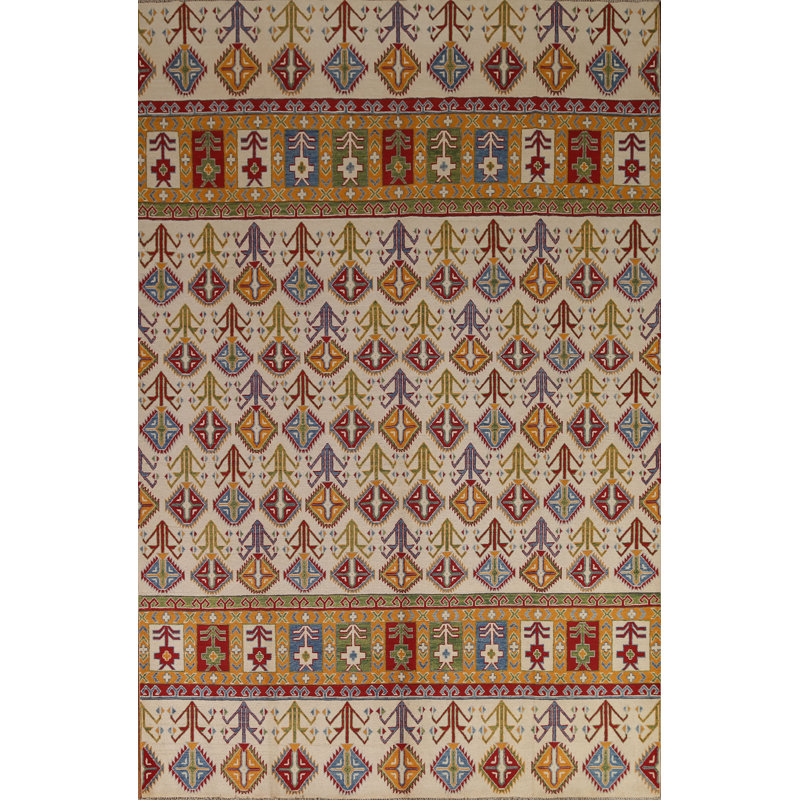 Tapis beige en laine noué à la main de conception unique 8 pi 1 po x 10 pi New Age