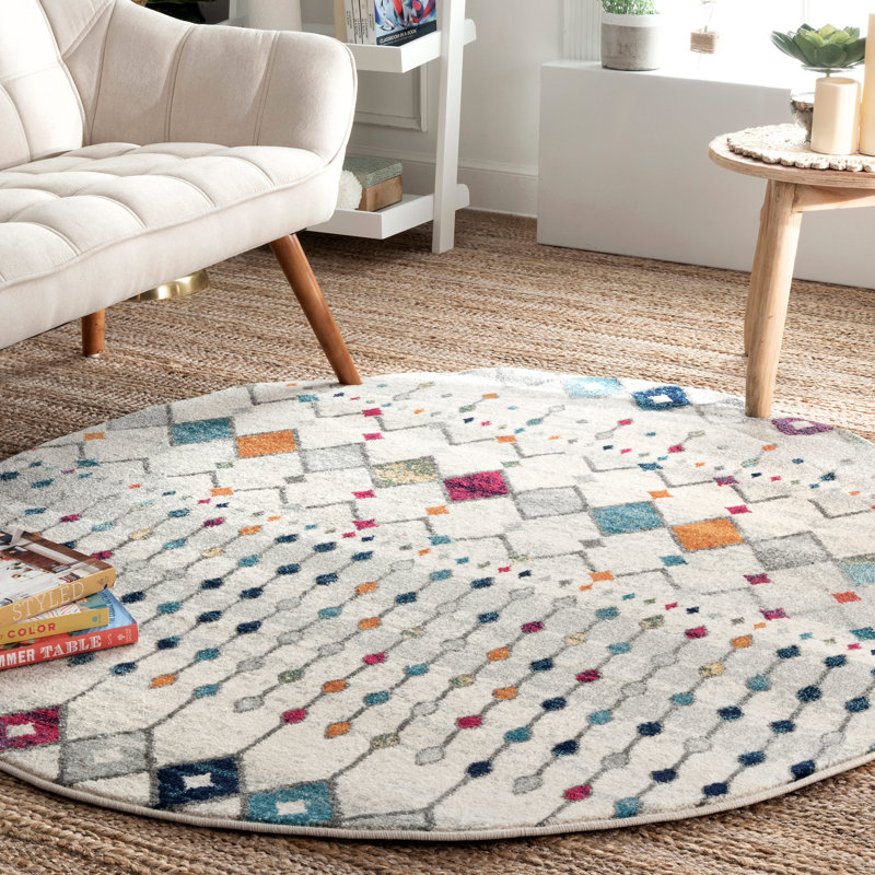 Tapis marocain clair tissé à la machine ivoire, beige, gris, bleu, orange et magenta Clair, Rond 4 pi