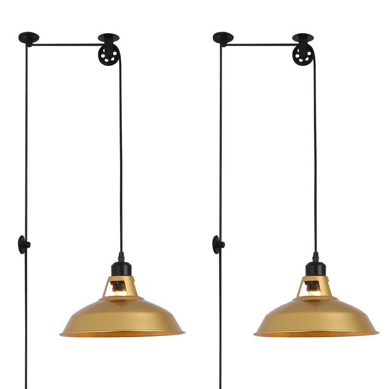 Luminaire suspendu industriel 2 pièces à suspendre avec poulie et hauteur réglable avec interrupteur, doré