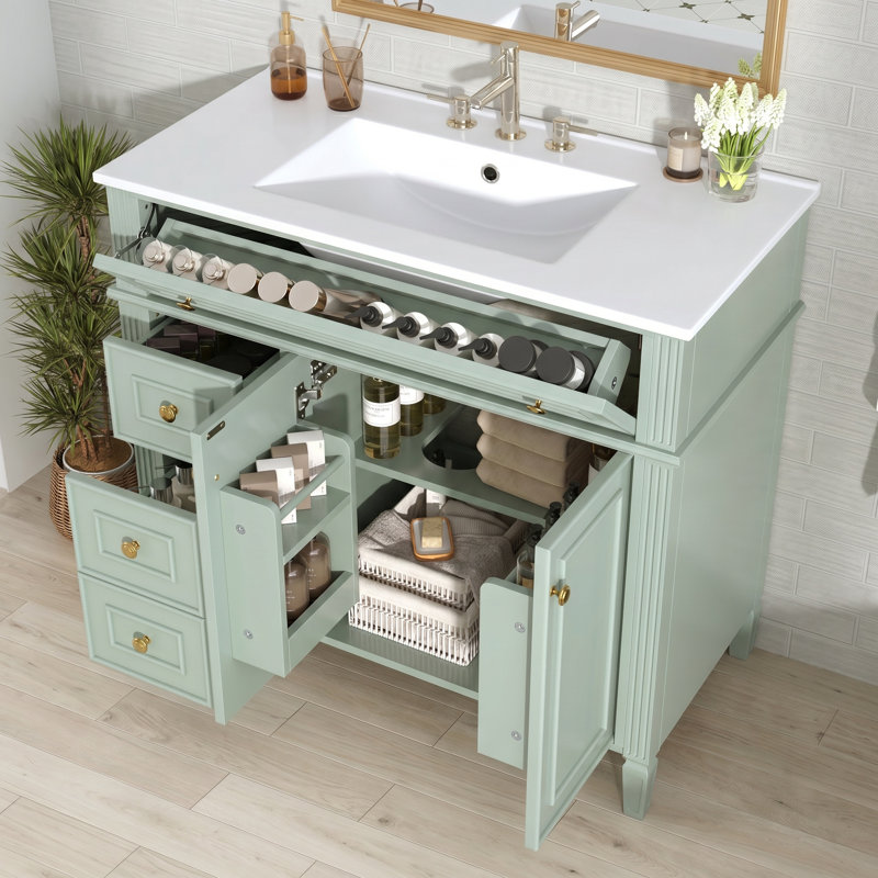 Meuble-lavabo simple 36 po avec lavabo 36 po, bois massif, tiroirs et portes à fermeture en douceur, poignées dorées, grand espace de rangement