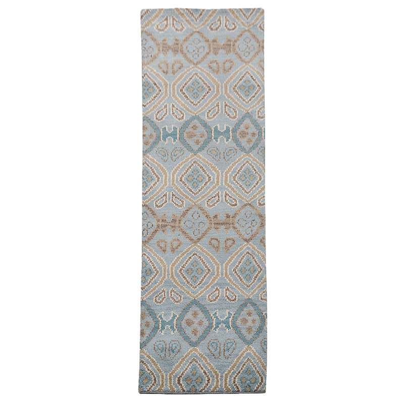 Tapis de couloir géométrique en laine bleu clair noué à la main, Tapis de couloir 2 pi 6 po x 10 pi