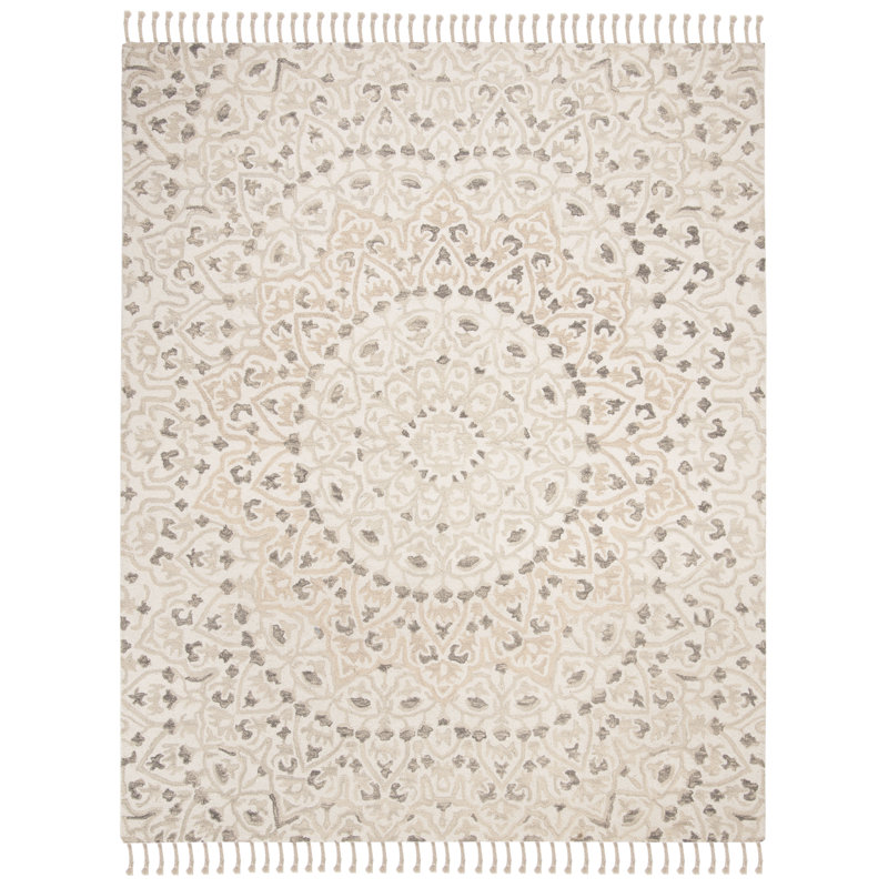 Jahiem Floral Handwoven Wool Area Rug in Ivory/Taupe, Rectangle 9' x 12'