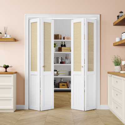 Double Bi-Fold Closet Door 60" x 80" Half Rattan Weave White Interior Bi-fold Door, Airy & Easy to Clean with Long-Lived Installation Hardware Kit (Idea for Closet,Pantry,Laundry,living rooms & bedrooms)