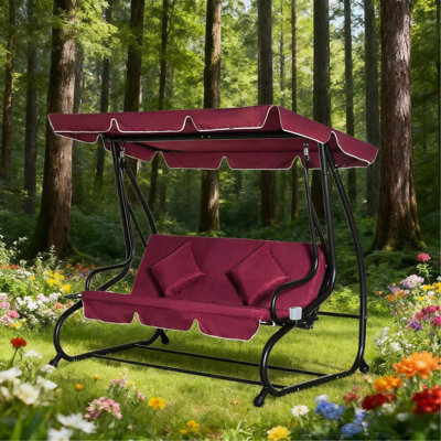 3-Seat Swing Bench  Swing Glider With Adjustable Canopy, Removable Cushion And Pillows, For Porch, Garden, Poolside, Backyard