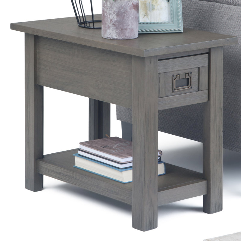 Wyandotte Monroe 14"W Solid Acacia Wood Rustic Contemporary Narrow End Table with Drawer and Shelf, Farmhouse Gray