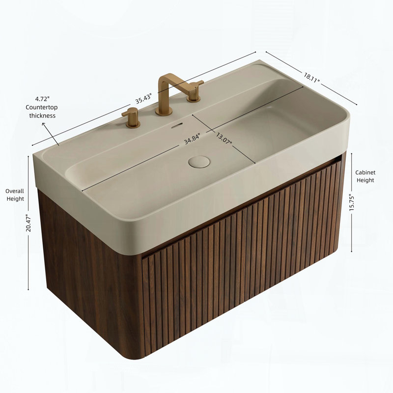 Meuble-lavabo flottant avec meuble-lavabo intégré à surface solide blanc brillant et grain de bois noyer