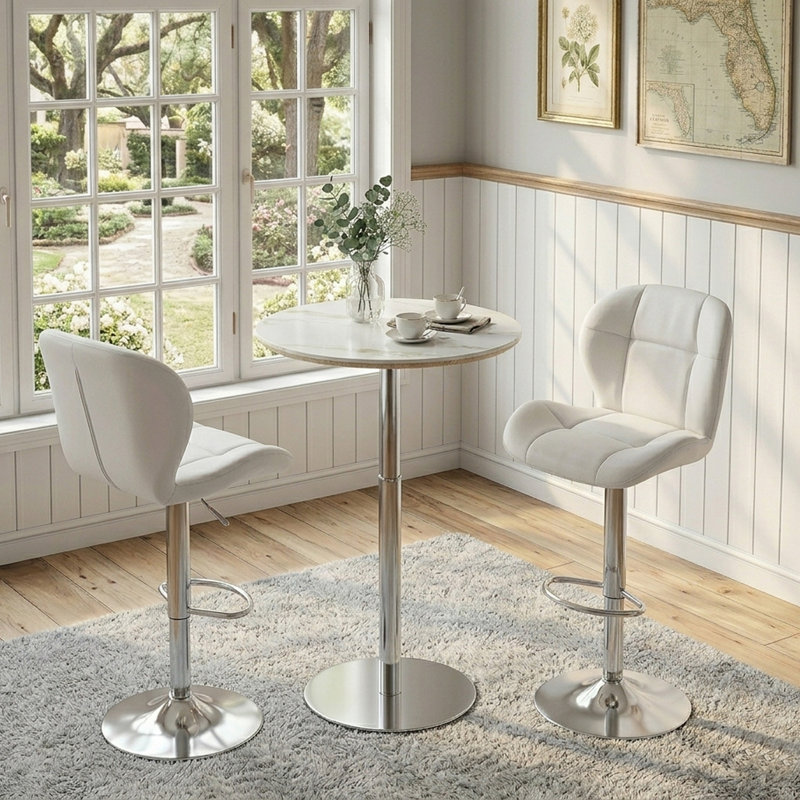 Ensemble de table de bar et tabourets réglables, table de hauteur de bar ronde avec plateau en pierre frittée et 2 tabourets de bar en cuir de polyuréthane blanc avec siège rembourré, ensemble bistro pivotant pour petits espaces