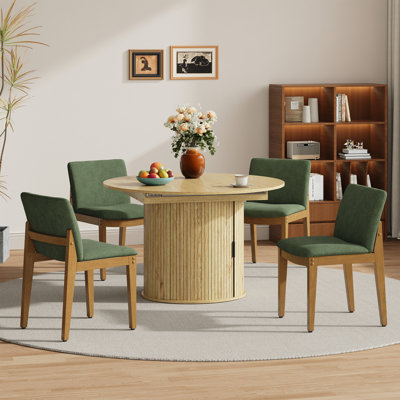 Ensemble de table de salle à manger moderne extensible avec chaises rembourrées, plateau de table ovale pliable et rangement caché, finition grain de bois
