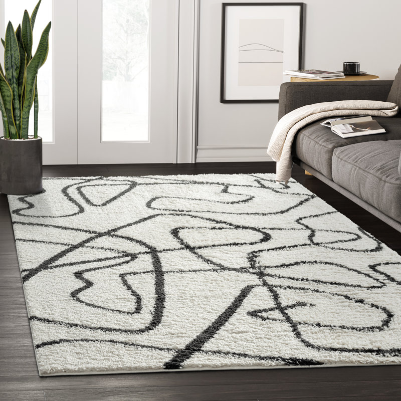 Tapis abstrait ivoire et noir Kituku, Rectangle 6 pi x 9 pi