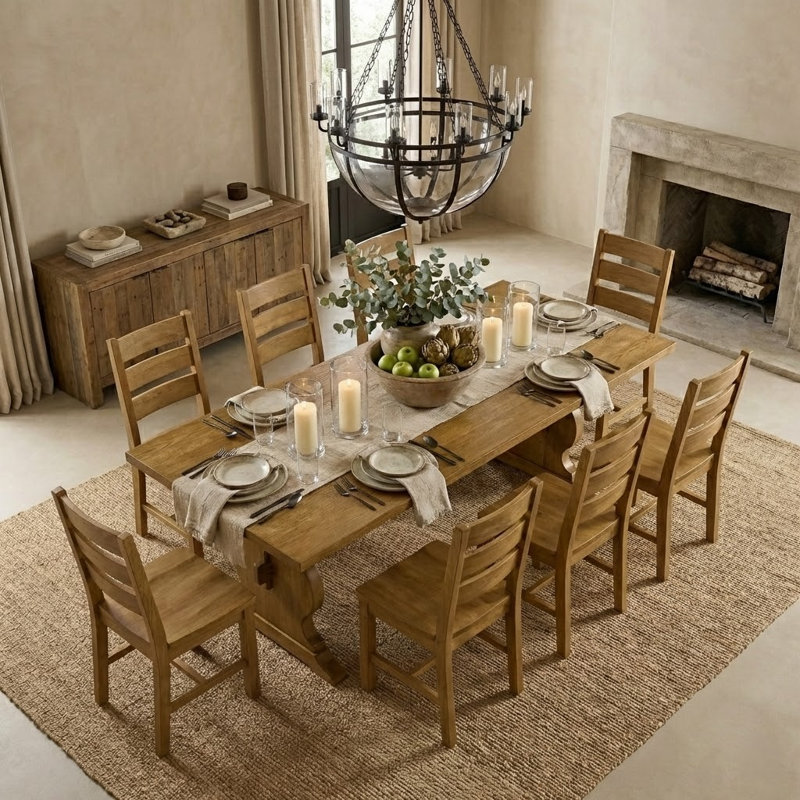 Ensemble de table de salle à manger 70,8 po Almeda, 9 pièces : table, 8 chaises, Bois jaune clair