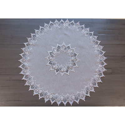 Earth Tone Silver Lace On Silver Fabric Large Doily, Table Topper (34" Round)