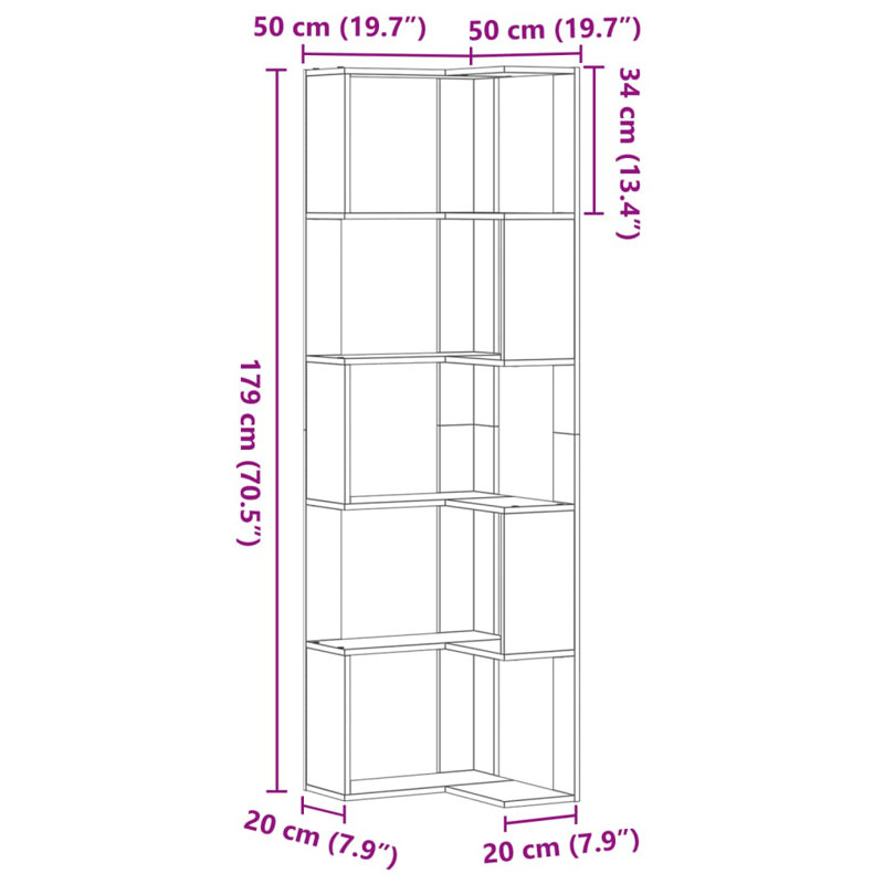Bibliothèque en coin en bois d'ingénierie, (5 tablettes) H 70,5 po x l 19,7 po x P 19,7 po, Chêne sonoma