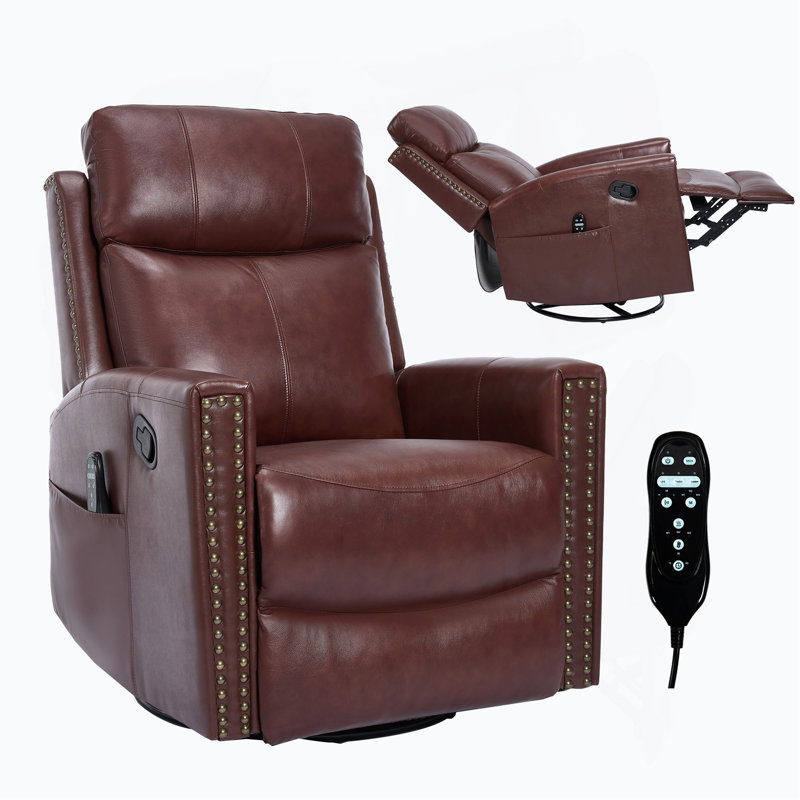 Genuine Leather Heat Massage Manual Recliner Chair With Rocker And Swivel For Living Room, Red