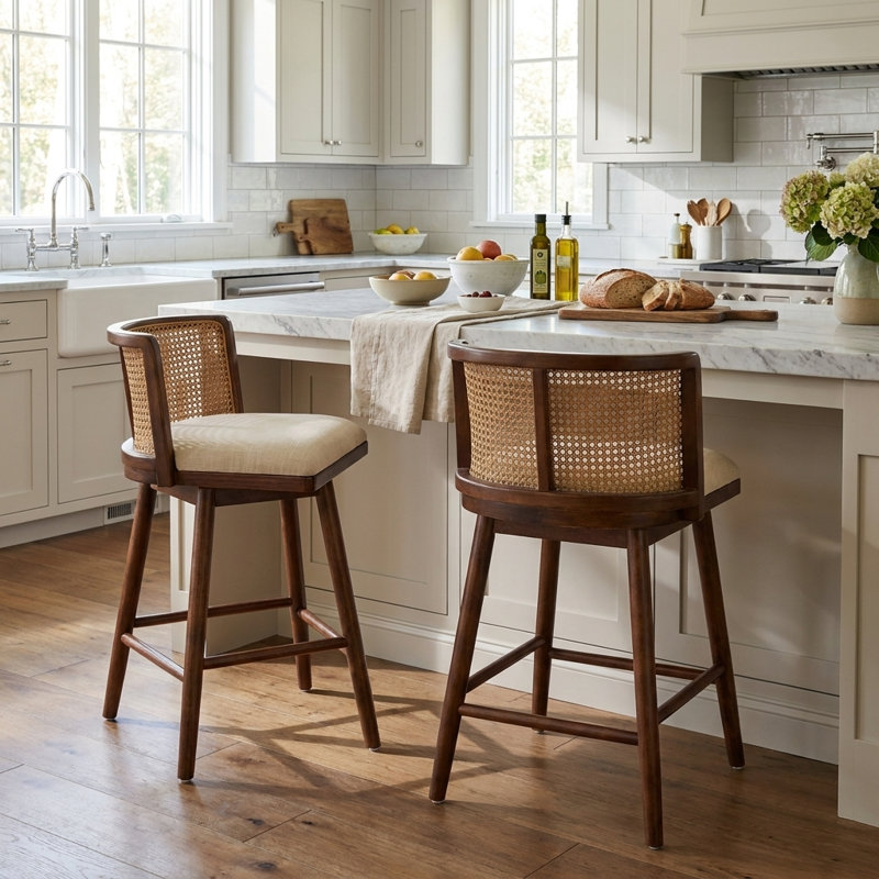 Alder Mid-Century Modern Rubberwood Counter Stool with Woven Rattan Back and Upholstered Seat, Dark Walnut, 2