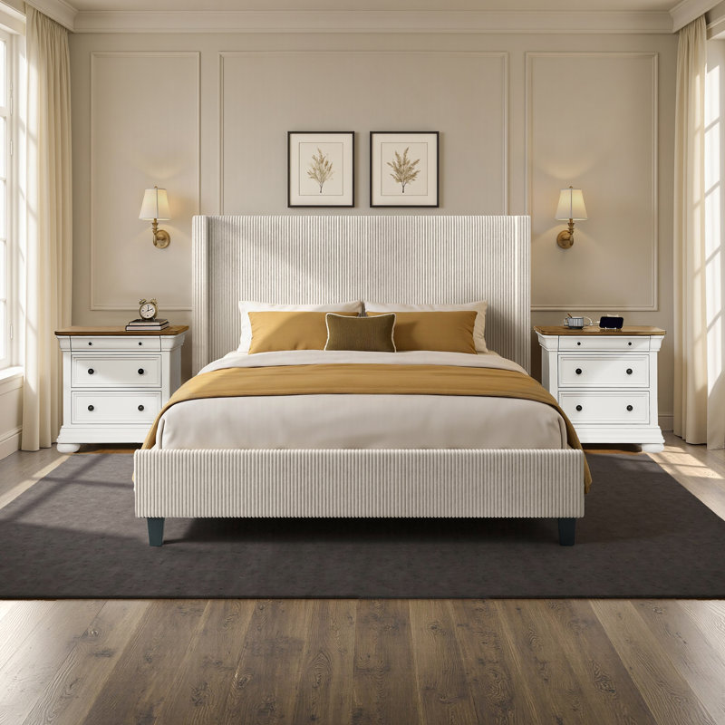 Ensemble de chambre à coucher 3 pièces pour très grand lit classique rétro et moderne californien, crème, Crème