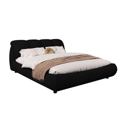 Lit plateforme très grand avec support stable, bois massif, tissu collant, tête de lit noir confortable, bois