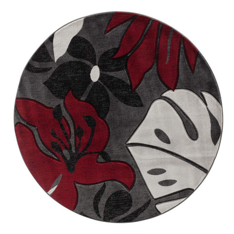Tapis gris / rouge Shaver, Rond 8 pi 1 po