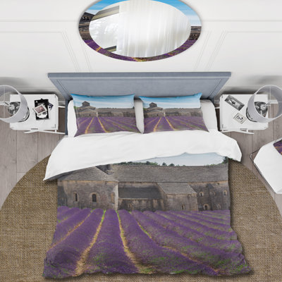 Champ de lavande avec abbaye en France - Ensemble de housse de couette Farmhouse - Microfibre de polyester
