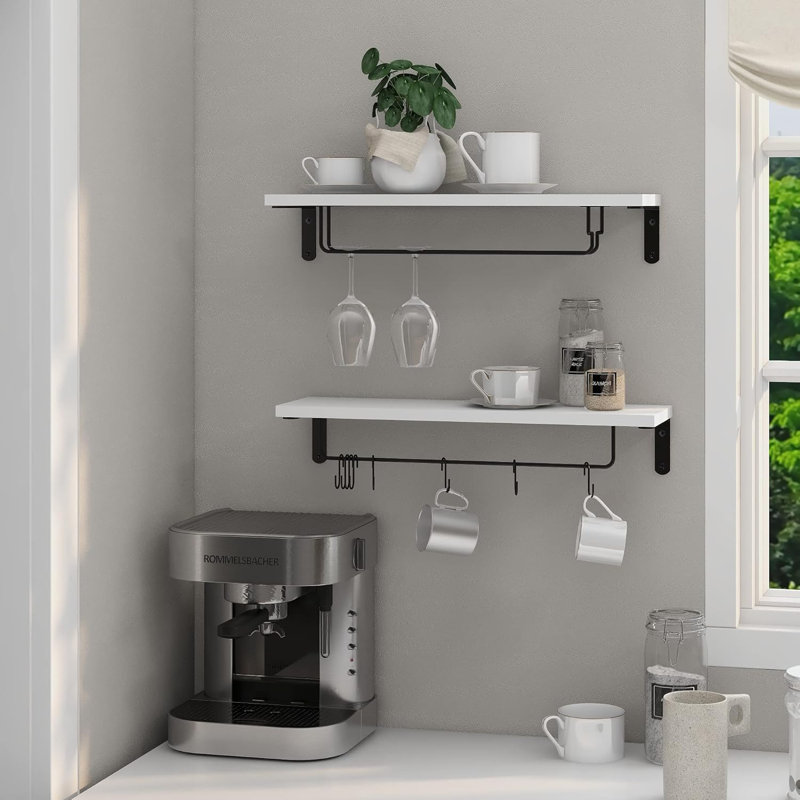 Coffee Bar Shelf, Wall Mounted Shelves For Coffee Cups Mugs Wine Glass, Floating Shelves For Coffee Station With 8 Hooks, Coffee Cup Shelf Wall Holder, Set Of 2