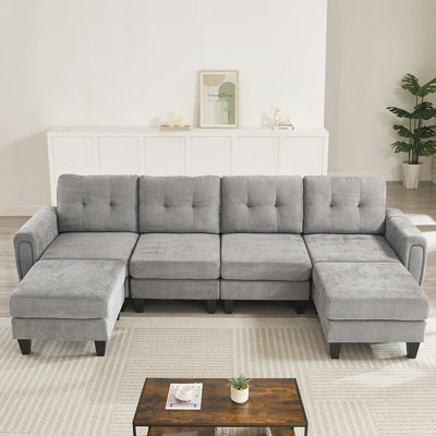 Canapé modulaire moderne en forme de U avec deux repose-pieds mobiles, ports USB et tables d'appoint pour le salon