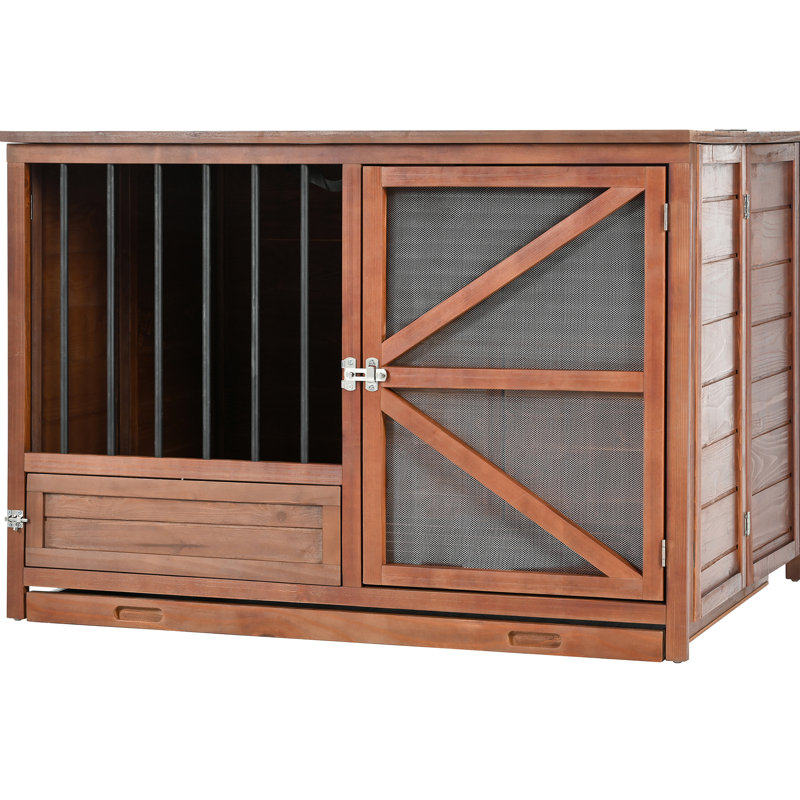 Caisse pour chien pliable en bois massif de 43 po, table de bout multifonctionnelle avec mangeoire pivotante à 360 °, chenil portable pour animaux de compagnie, plateau amovible, utilisation à l'intérieur, nuance de couleur noyer