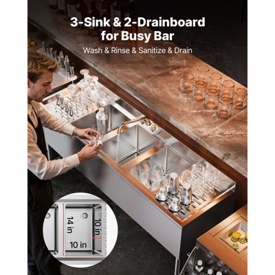 3 Compartment Sink, 18-Gauge 304 Stainless Steel, 10" x 14" x 10" Bowl Size, 3 Bay Commercial Under Bar Sink with Double Drainboard and Backsplash for Kitchen, Restaurant, Food Truck & Home Use