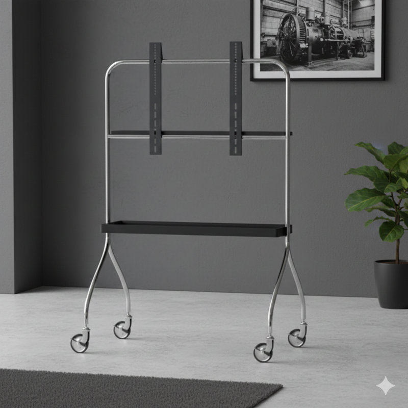 Un meuble mobile noir antique conçu pour accueillir un meuble télé sur pied ou un téléviseur à projection, vous permettant de vous promener dans le meuble télé.