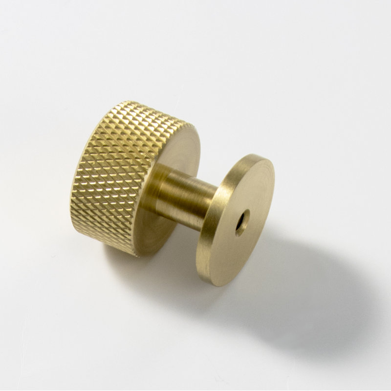 1" Round Black Knurled Knob, Brushed Brass