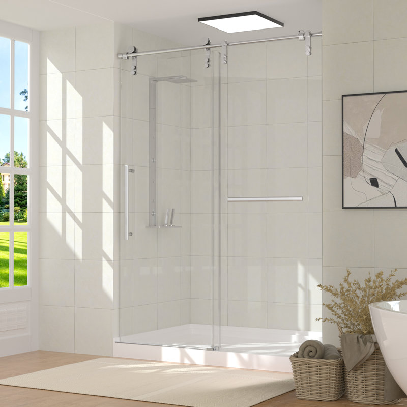 Frameless Sliding Glass Shower Door 56-60" W × 75.5" H Tempered Glass With Stainless Steel Hardware, Brush