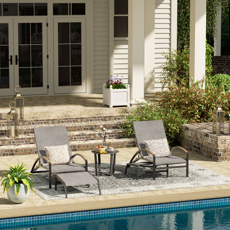 Patio Aluminum Chaise Lounge Set With Ottomans, Phifertex Sling Fabric And Side Table