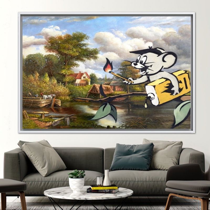 Corrupted Oil Jerry Graffiti 3D Canvas Wall Art - Unique Banksy Inspired Gift, 25 cm H x 35 cm W, Framed Print without Mat