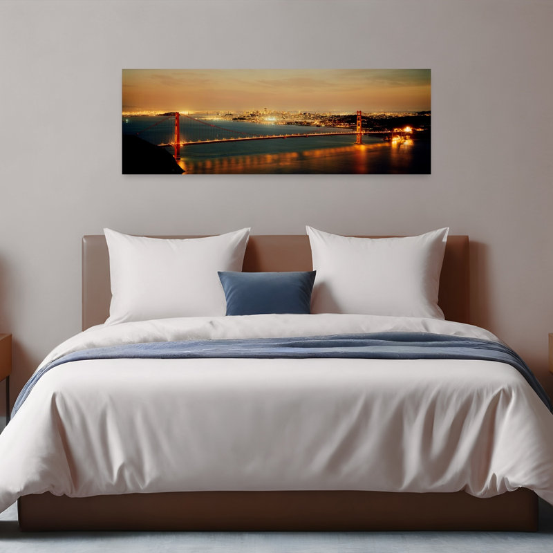 Suspension bridge lit up at dusk Golden Gate Bridge San Francisco Bay San Francisco California USA 1 Piece Wrapped Canvas Panoramic Wall Art