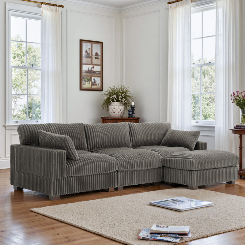 4 - Piece Upholstered Light Gray Faux Rabbit Fur Flannel Reversible Modular Sofa Living Room Sectional Couch with Ottoman