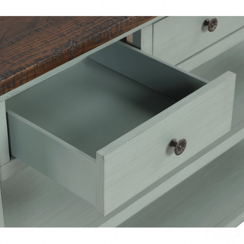 48" Solid Pine Wood Top Console Table, Modern Entryway Sofa Side Table With 3-Storage Drawer And 2 Shelves, Teal