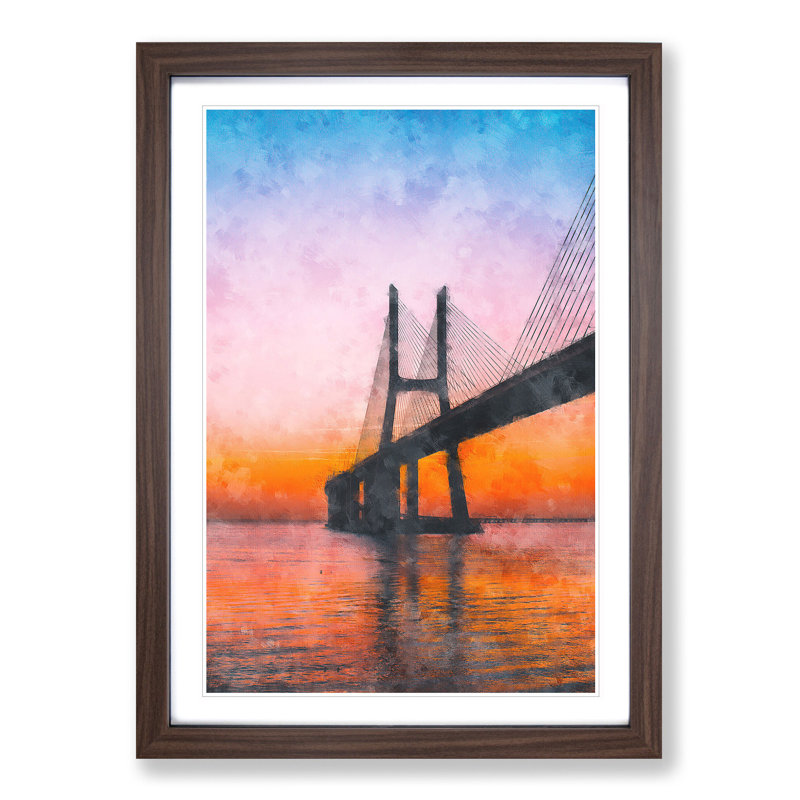 Vasco Da Gama Bridge in Portugal Abstract - Picture Frame Painting Print, 87cm H x 62cm W x 2cm D, Walnut Framed